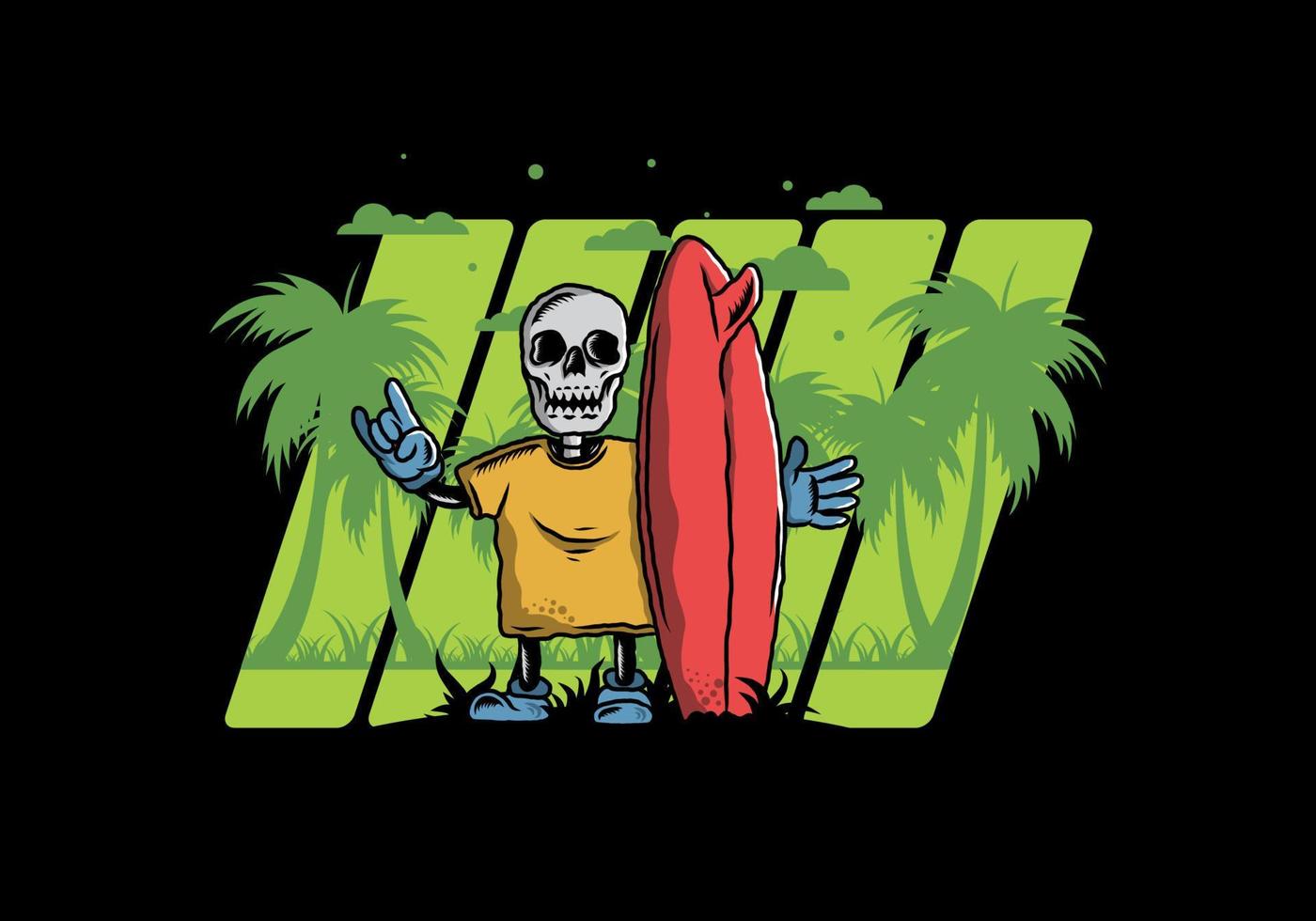 Little skull holding a surfing board illustration design vector