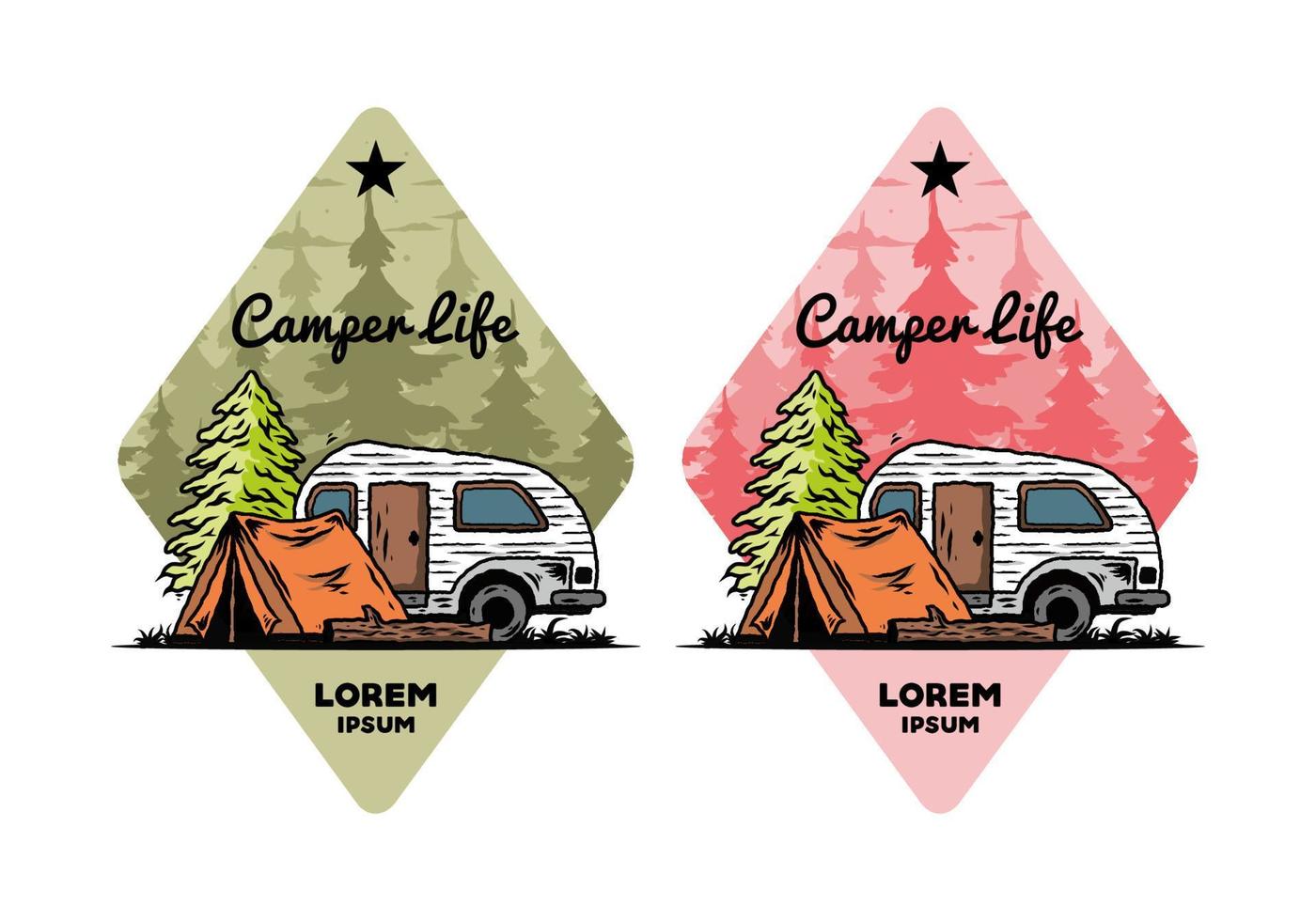 Teardrop camper and tent in front of pine tree illustration vector