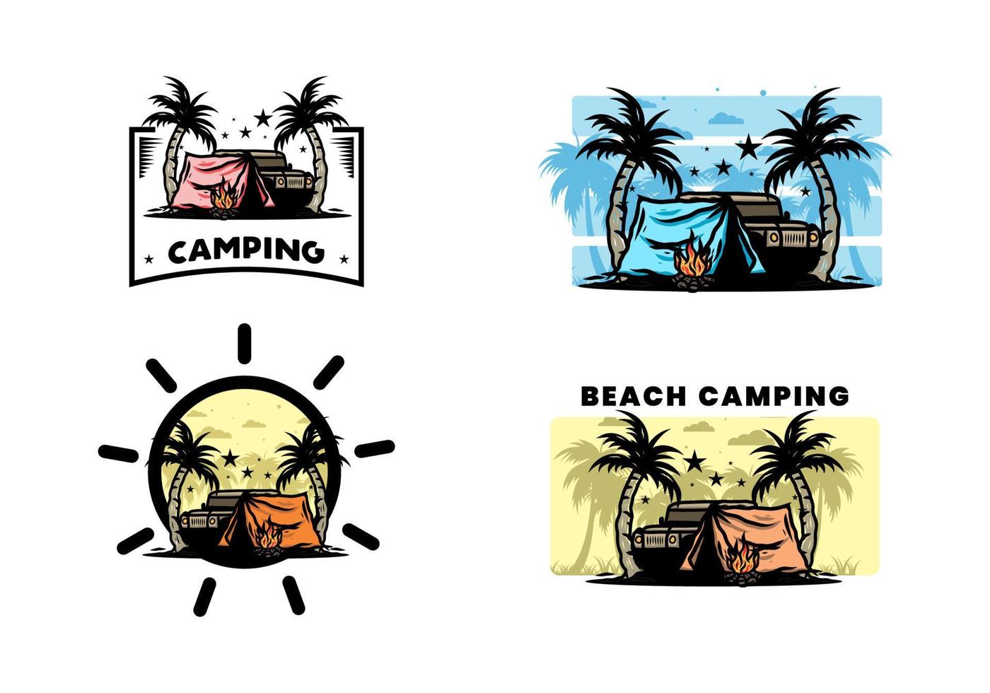 Camping tent in front of car between coconut tree illustration vector