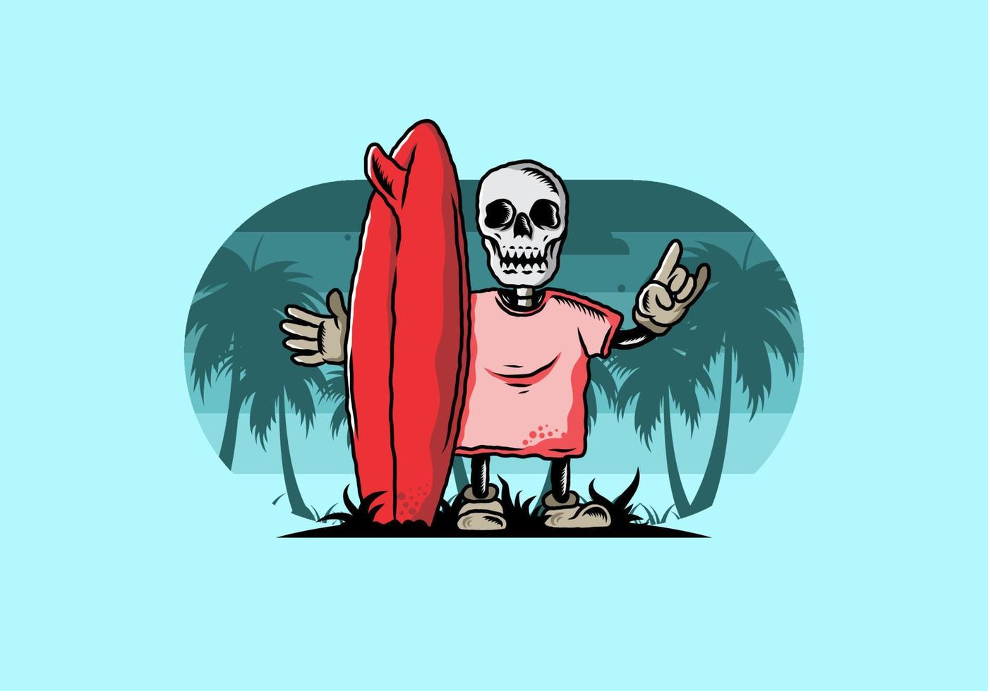 pequeña calavera sosteniendo un diseño de ilustración de tabla de surf vector