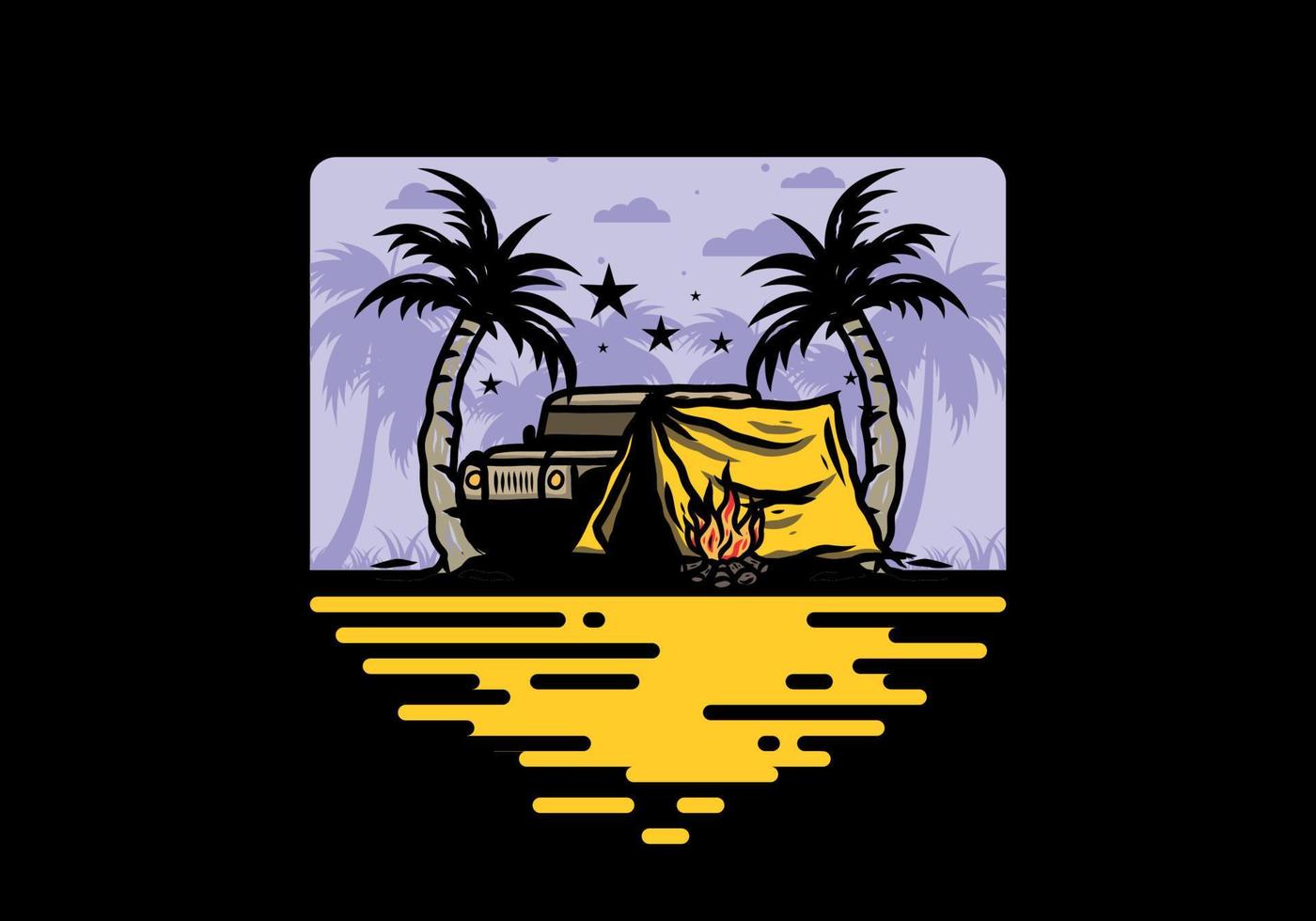 Camping tent in front of car between coconut tree illustration vector