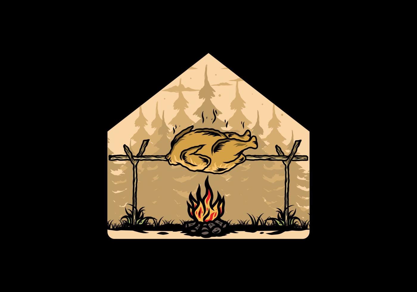 Grilling chicken over bonfire illustration design vector