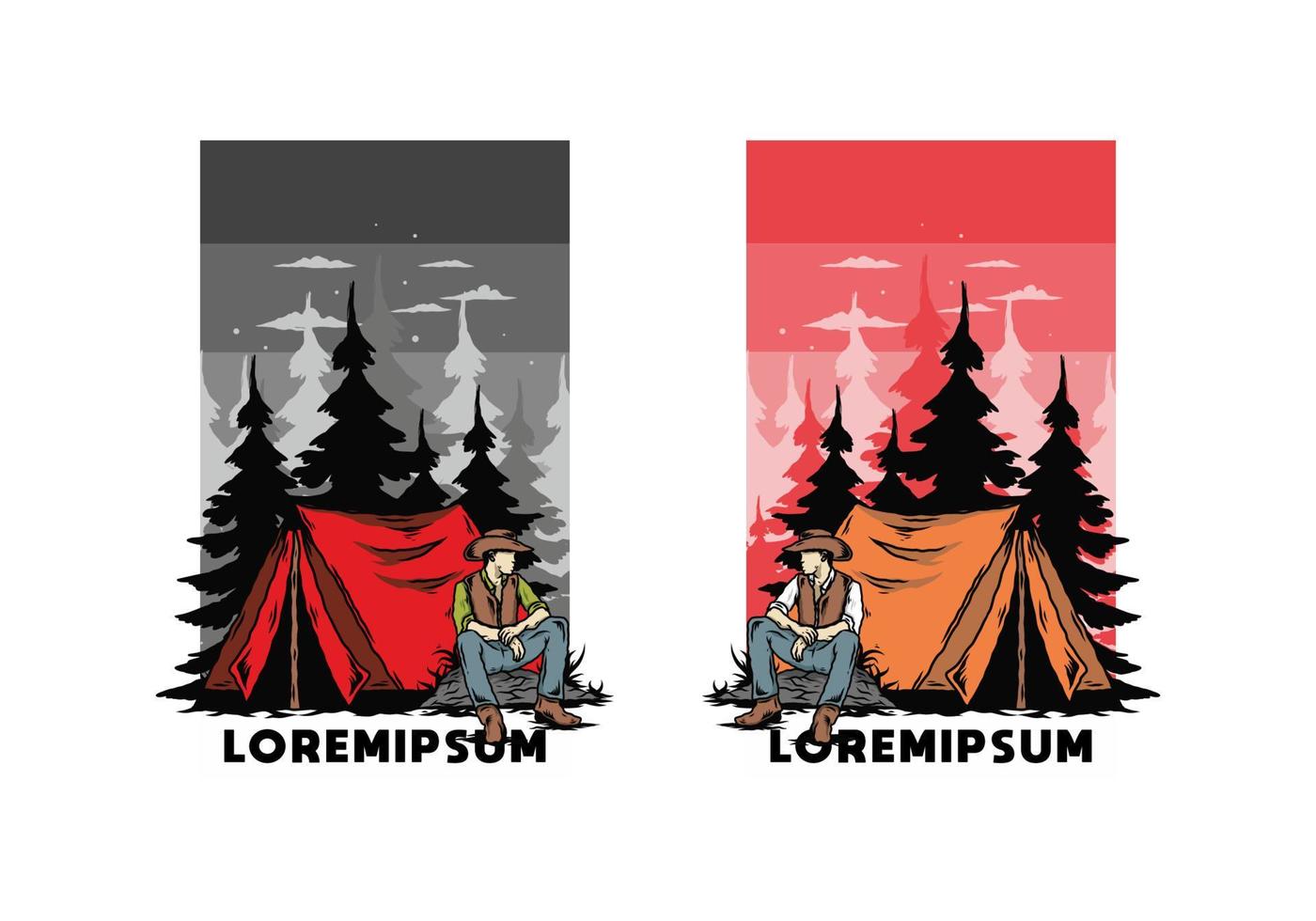 Man wearing a cowboy hat sitting in front of the tent illustration vector