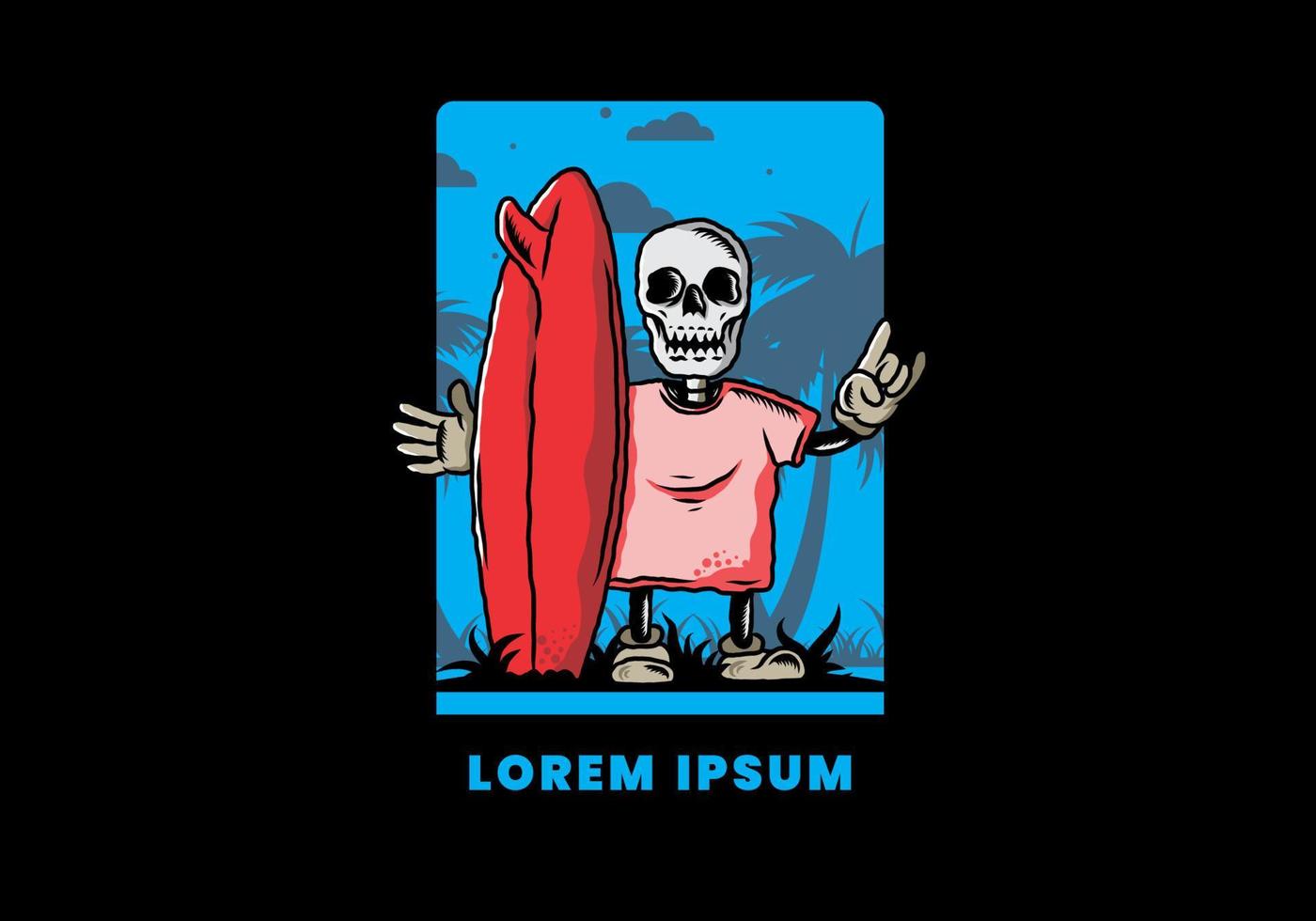 Little skull holding a surfing board illustration design vector