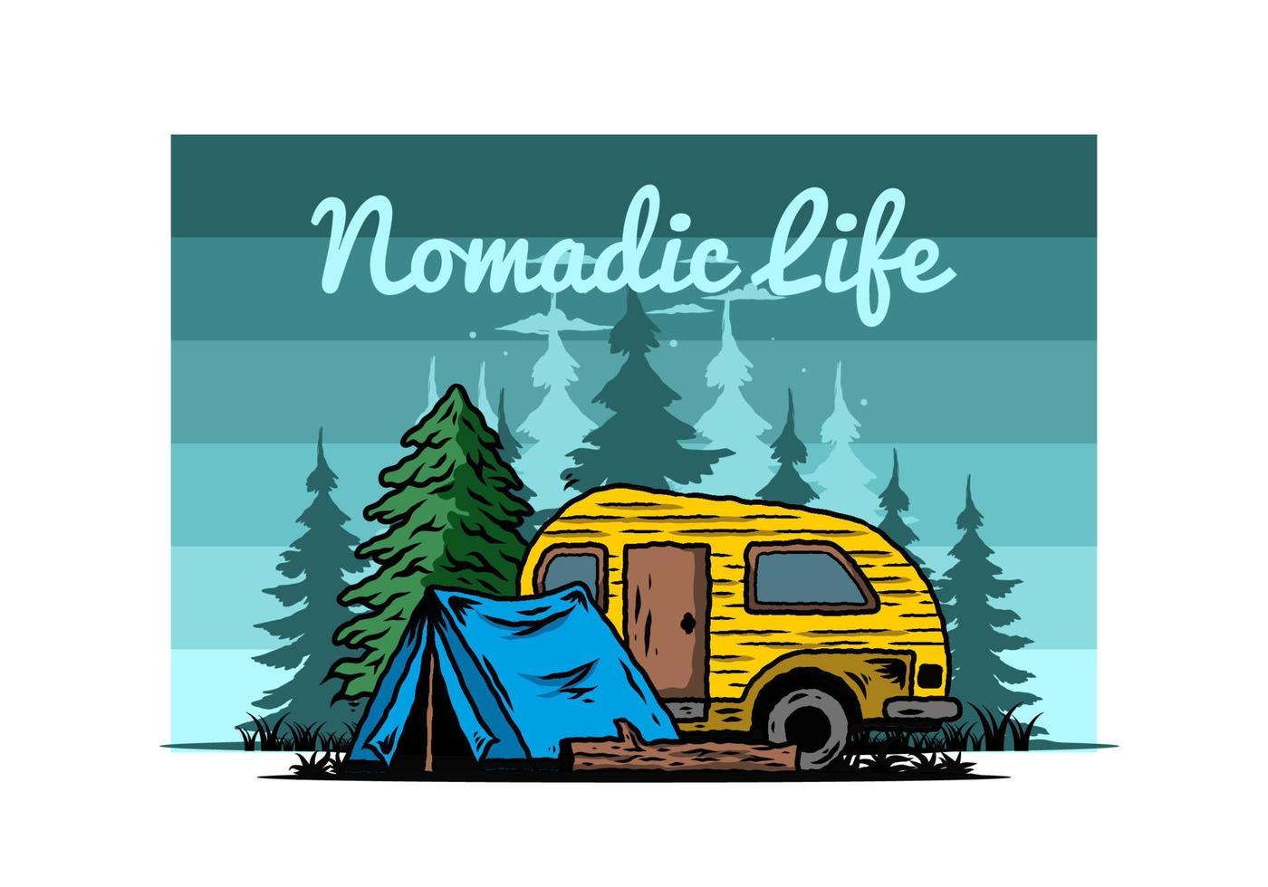 Teardrop camper and tent in front of pine tree illustration vector
