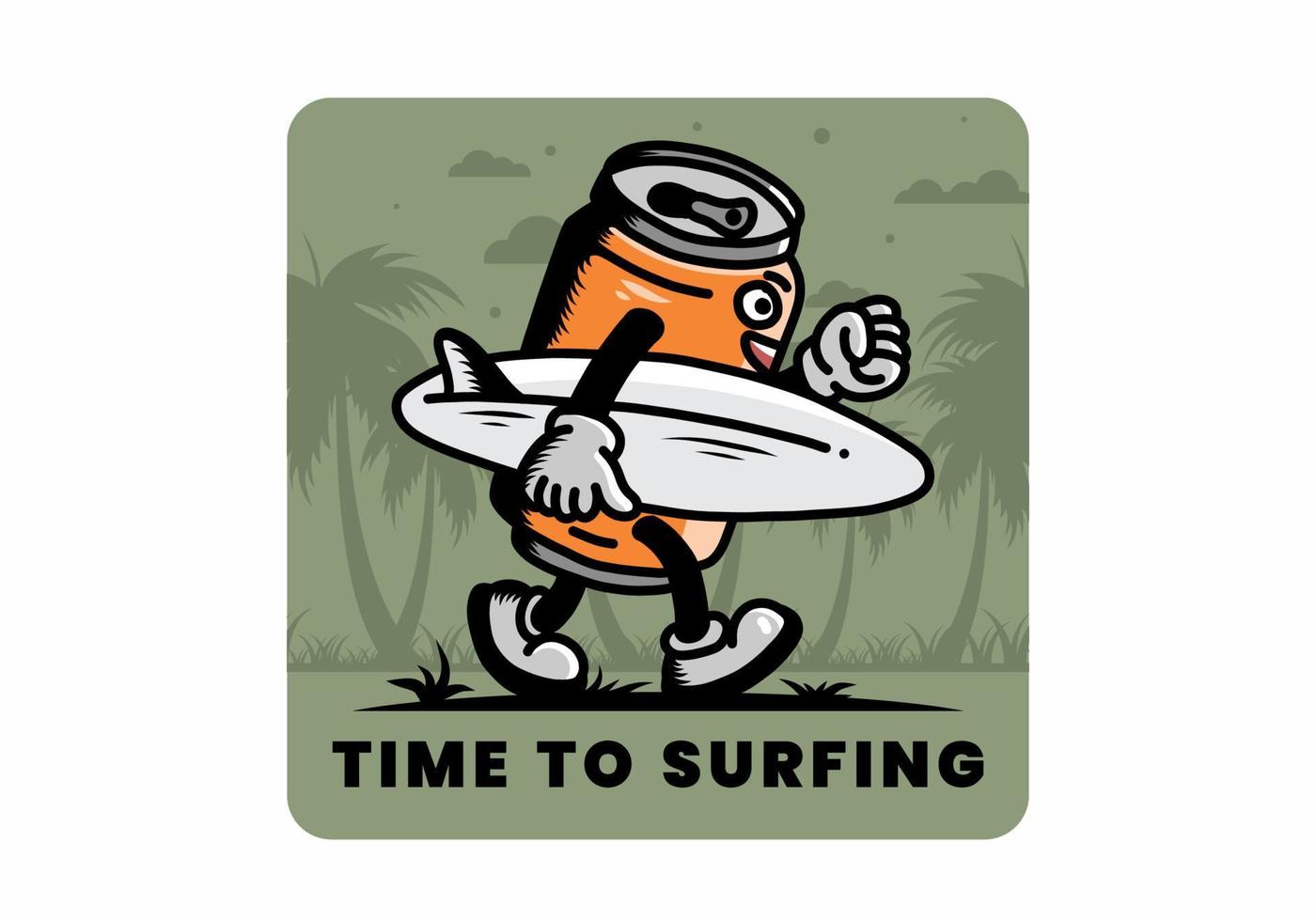 illustration of a drink can holding a surfboard vector