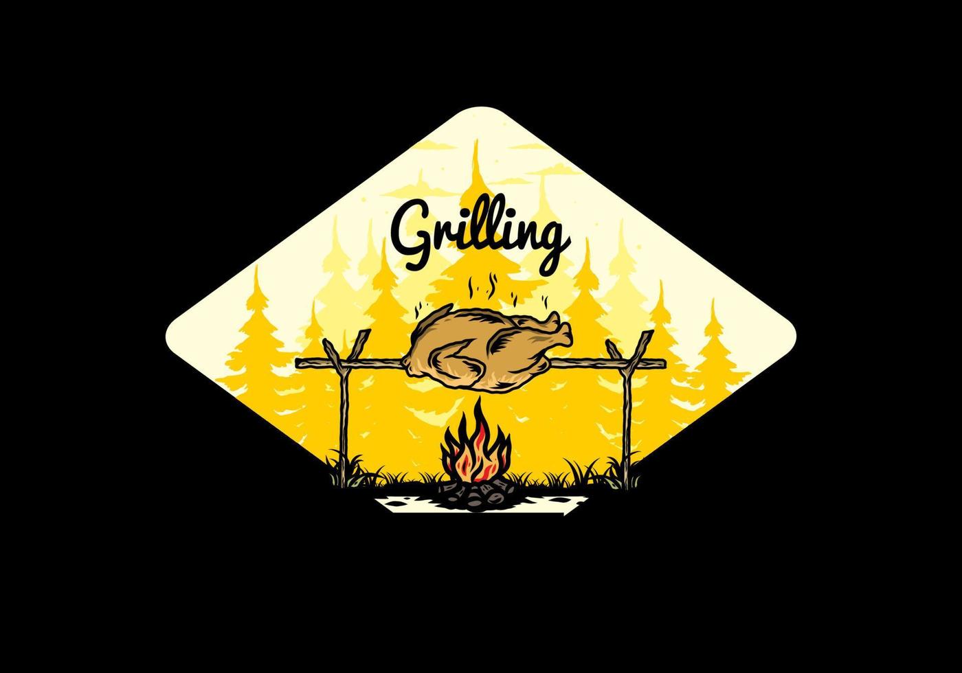 Grilling chicken over bonfire illustration design vector