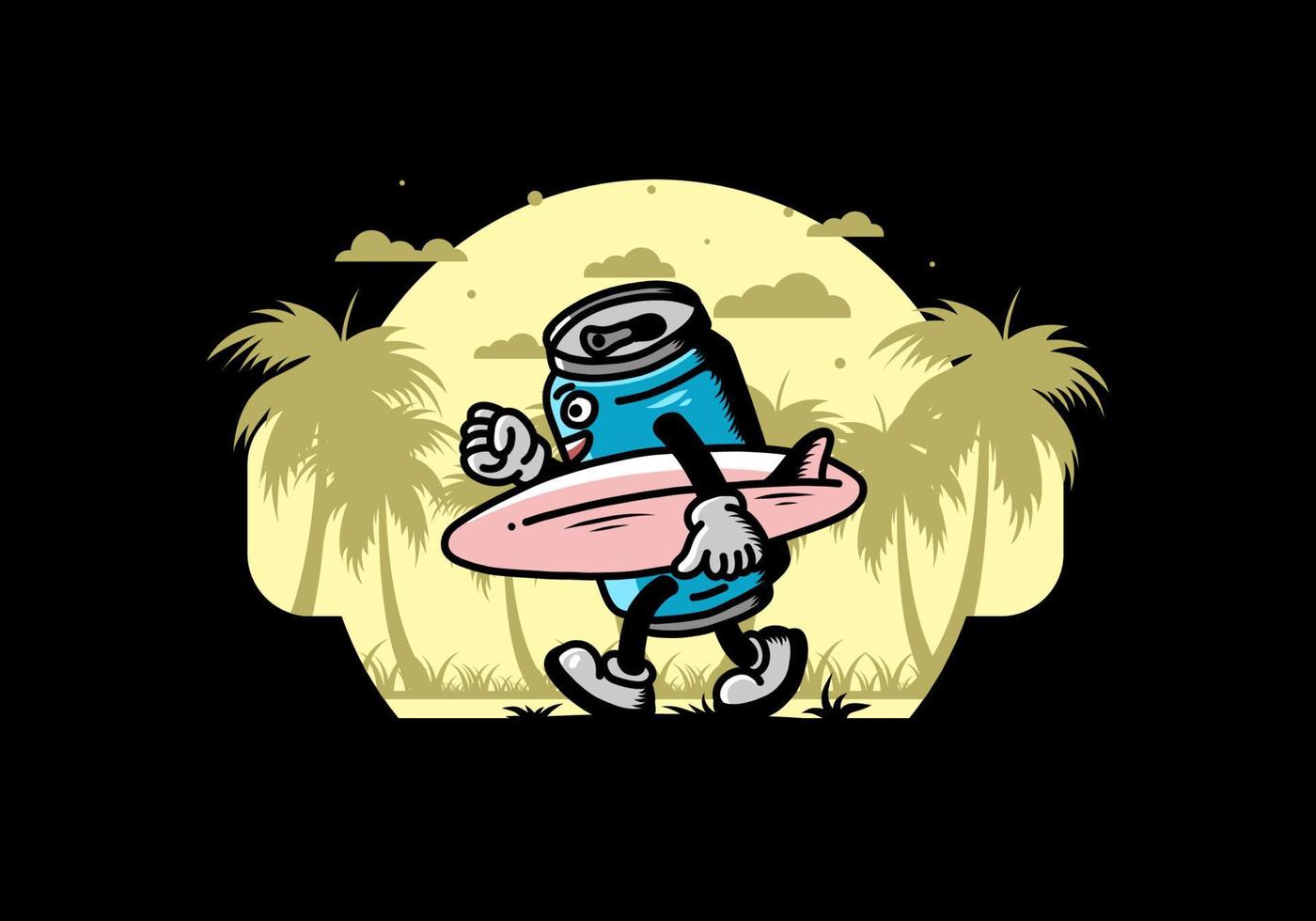 ilustración de una lata de bebida sosteniendo una tabla de surf vector