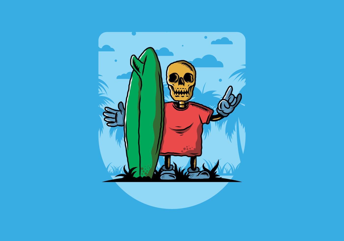 Little skull holding a surfing board illustration design vector