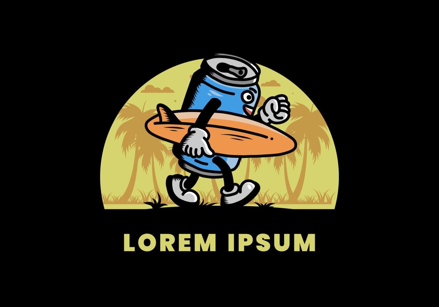 illustration of a drink can holding a surfboard vector