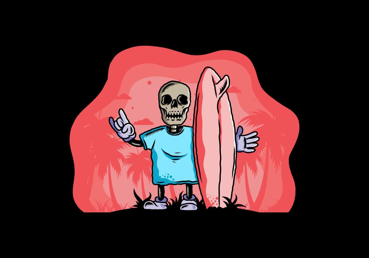 Little skull holding a surfing board illustration design vector