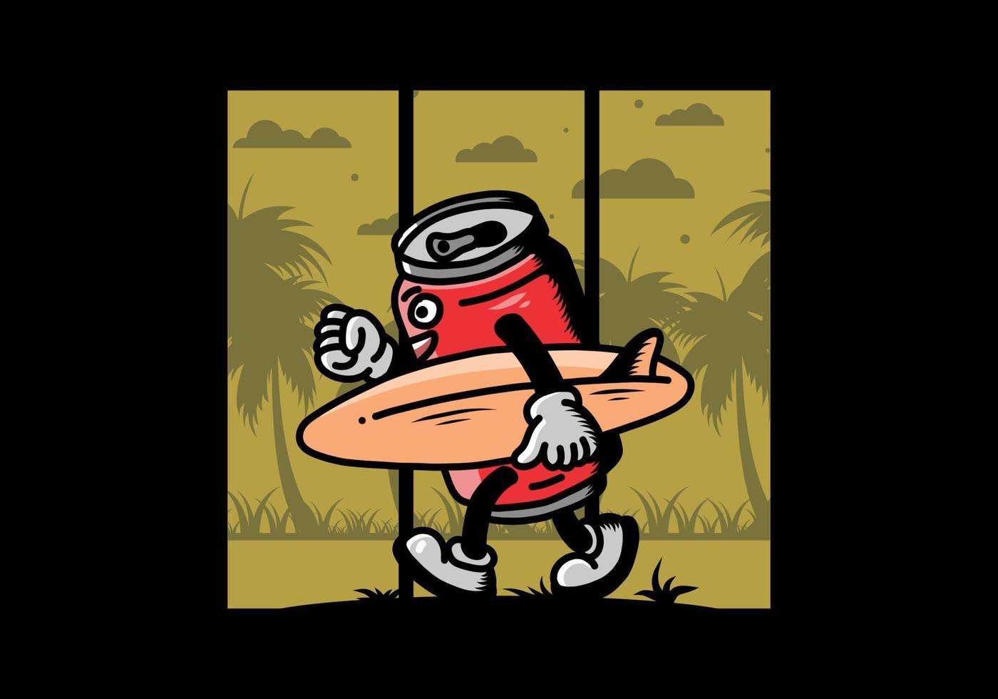 illustration of a drink can holding a surfboard vector