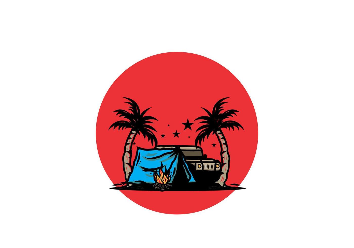 Camping tent in front of car between coconut tree illustration vector