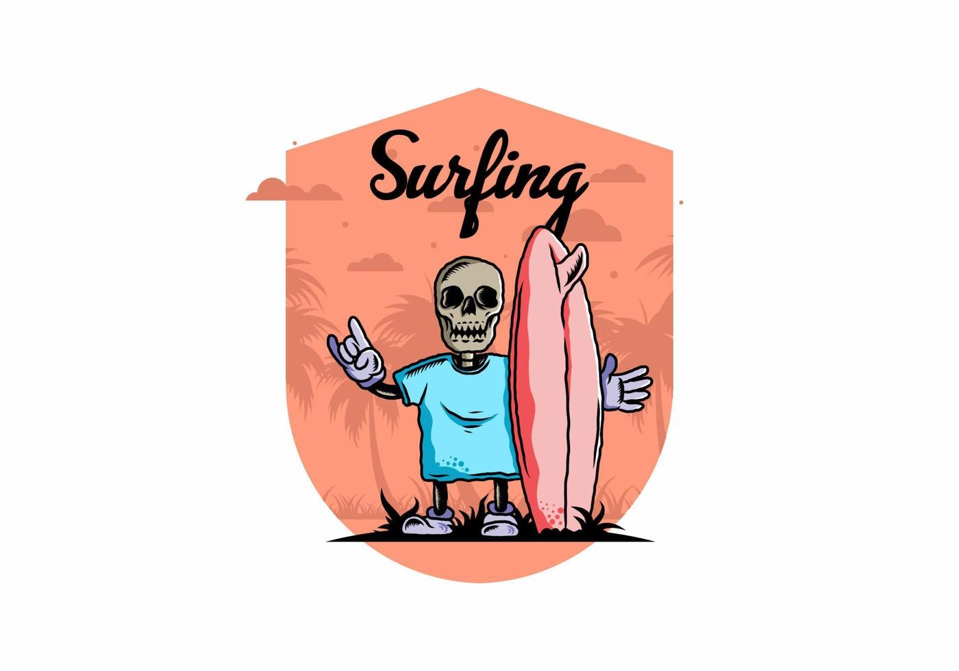 Little skull holding a surfing board illustration design vector