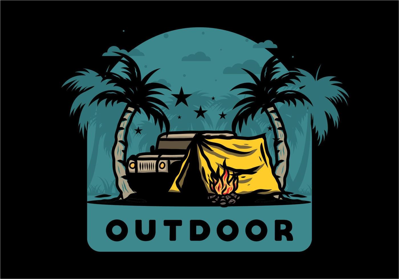 Camping tent in front of car between coconut tree illustration vector