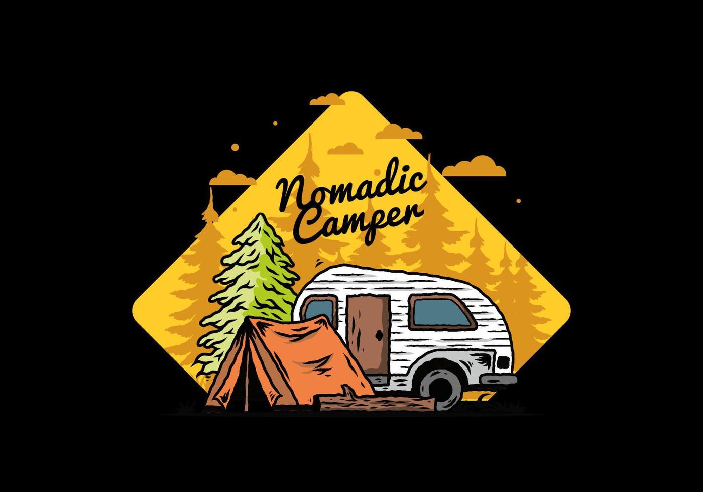 Teardrop camper and tent in front of pine tree illustration vector