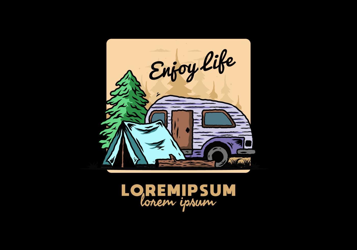 Teardrop camper and tent in front of pine tree illustration vector