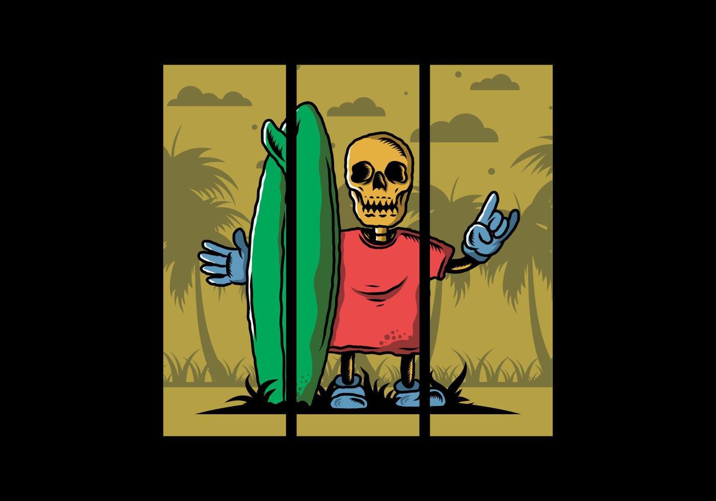 Little skull holding a surfing board illustration design vector