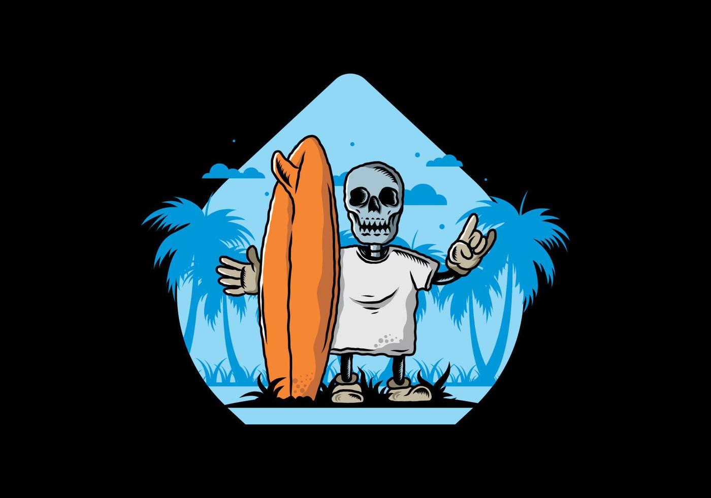 pequeña calavera sosteniendo un diseño de ilustración de tabla de surf vector