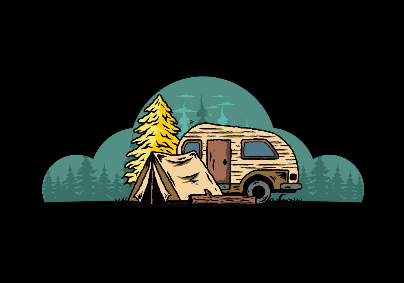 Teardrop camper and tent in front of pine tree illustration vector