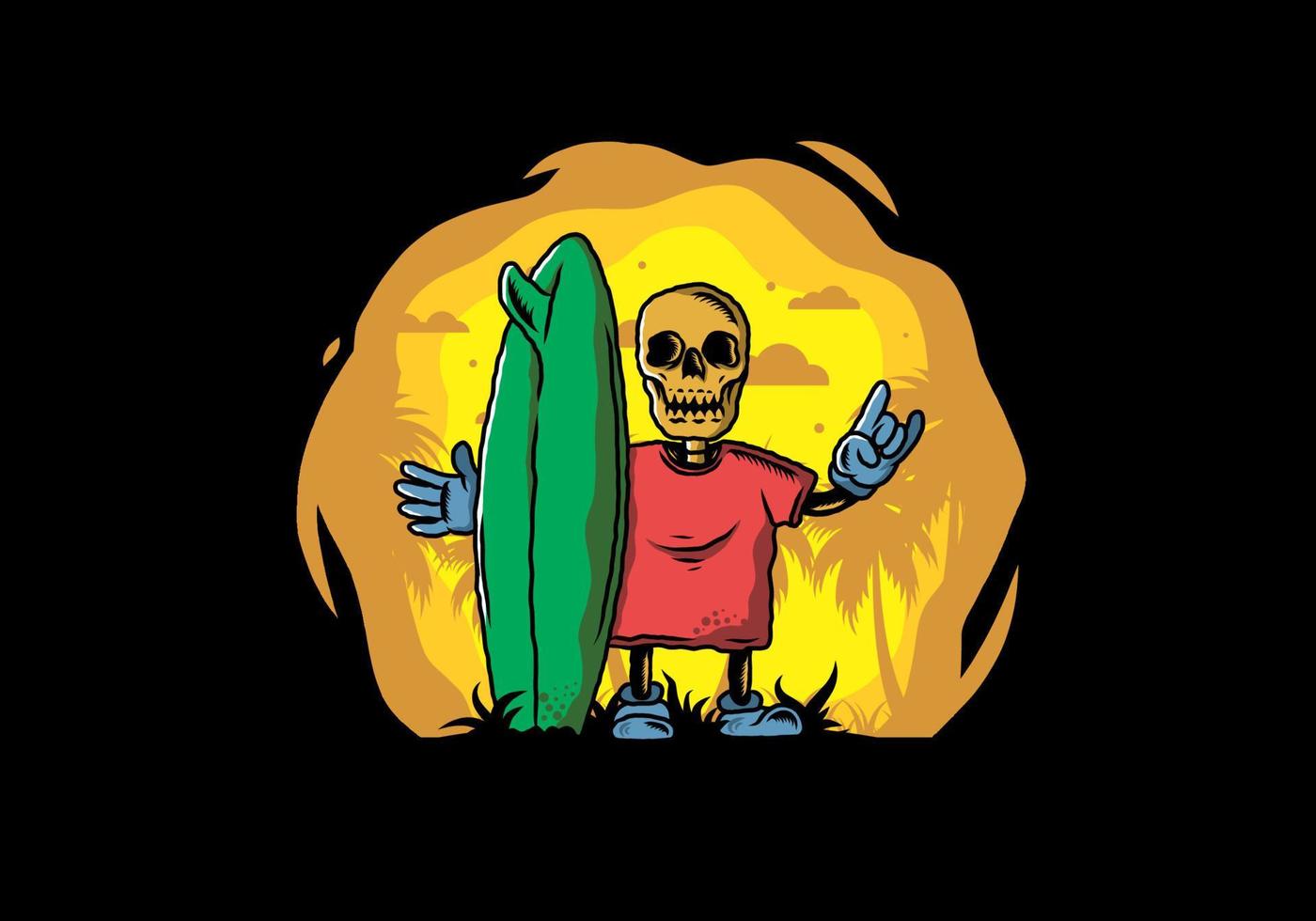 Little skull holding a surfing board illustration design vector