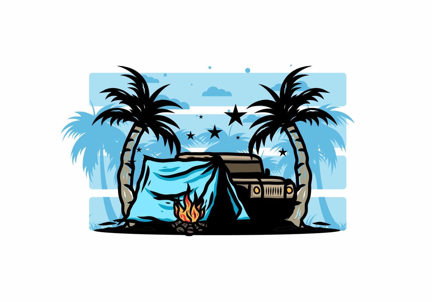 Camping tent in front of car between coconut tree illustration vector