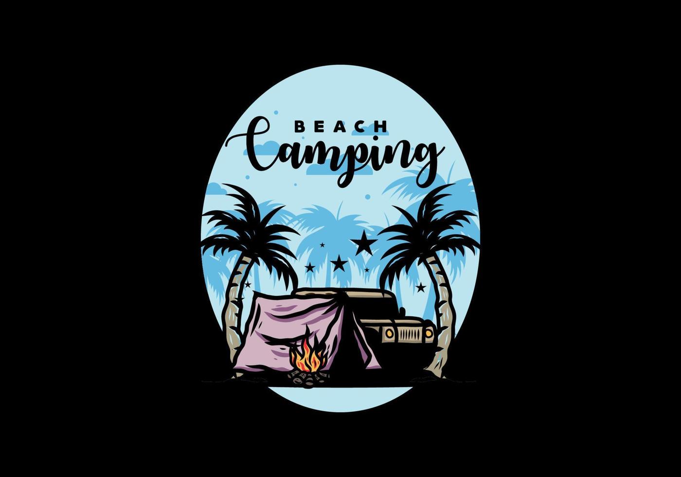 Camping tent in front of car between coconut tree illustration vector