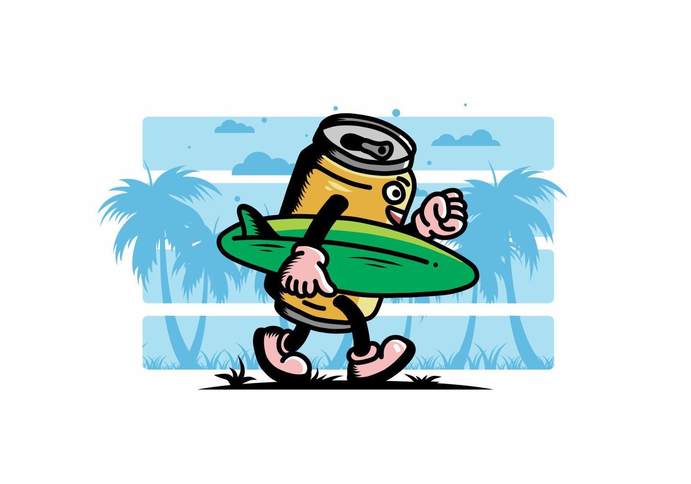illustration of a drink can holding a surfboard vector