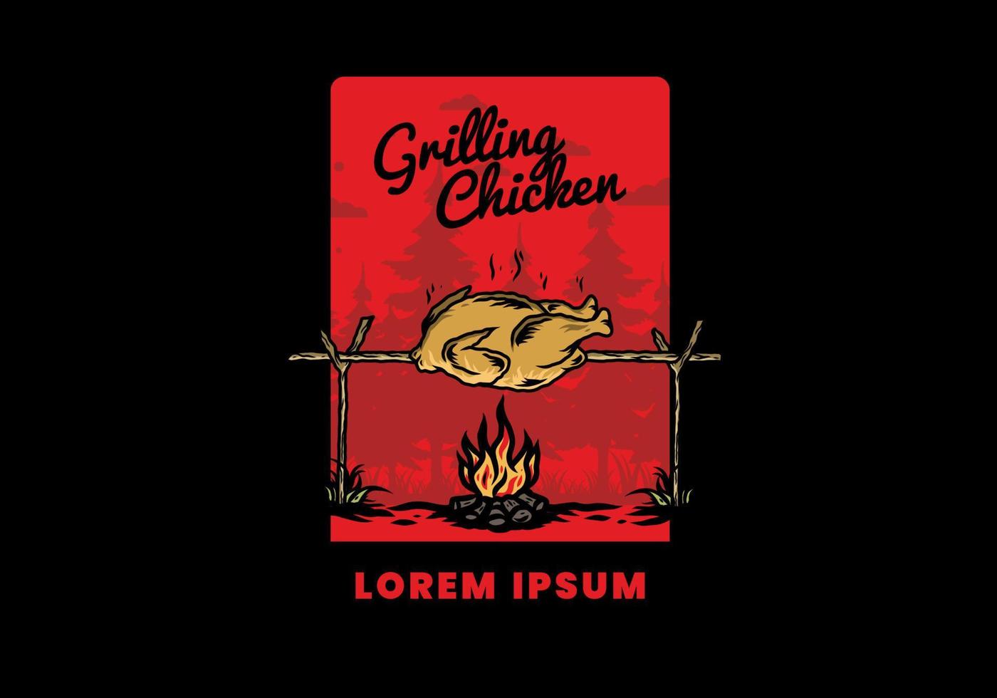 Grilling chicken over bonfire illustration design vector