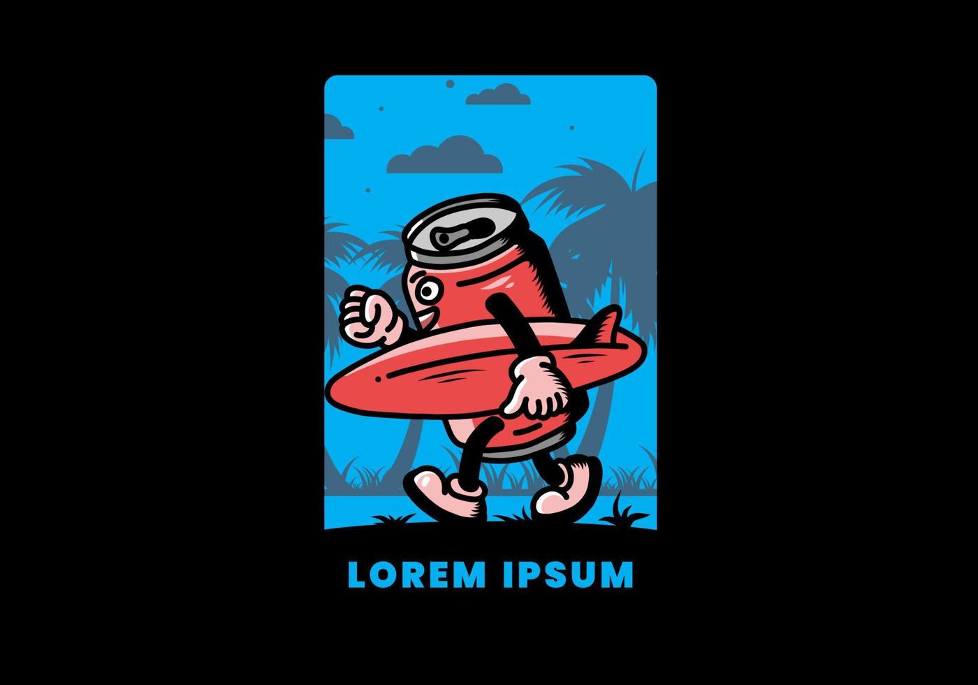 illustration of a drink can holding a surfboard vector