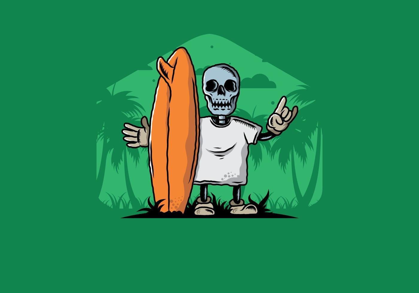 Little skull holding a surfing board illustration design vector