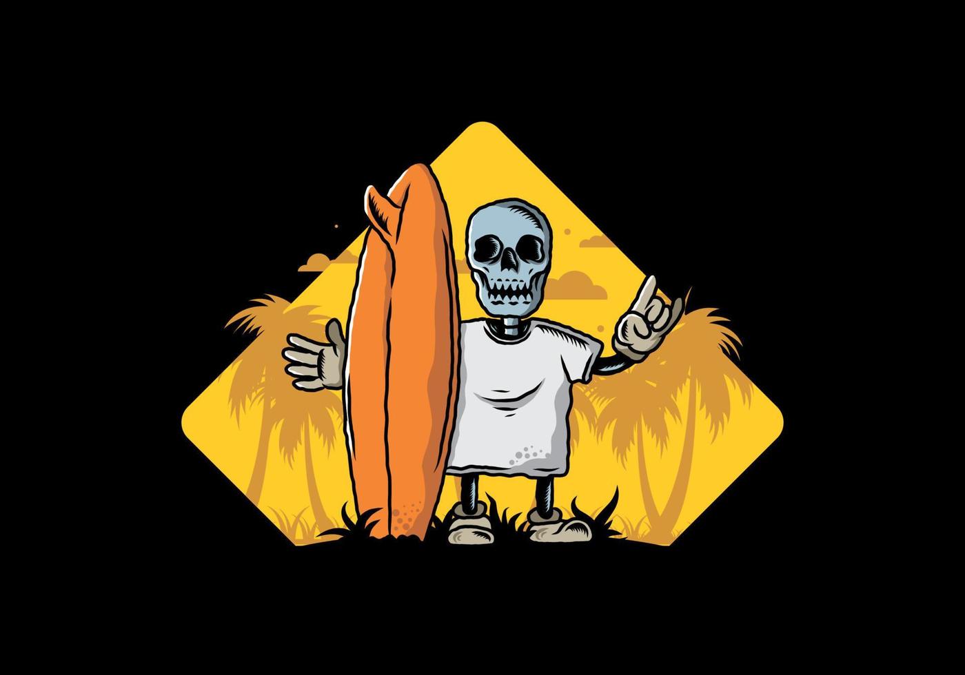 Little skull holding a surfing board illustration design vector