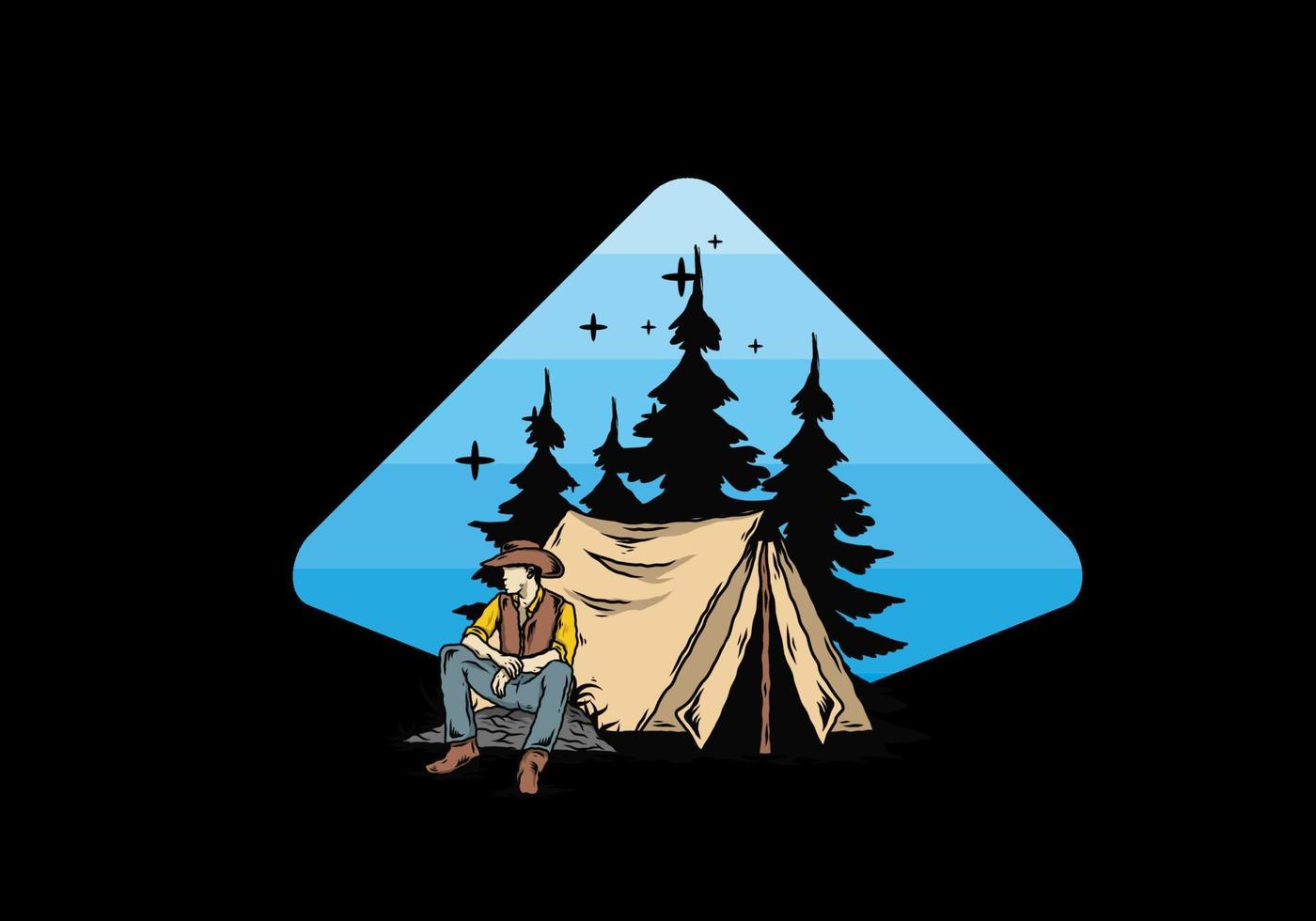 Man wearing a cowboy hat sitting in front of the tent illustration vector