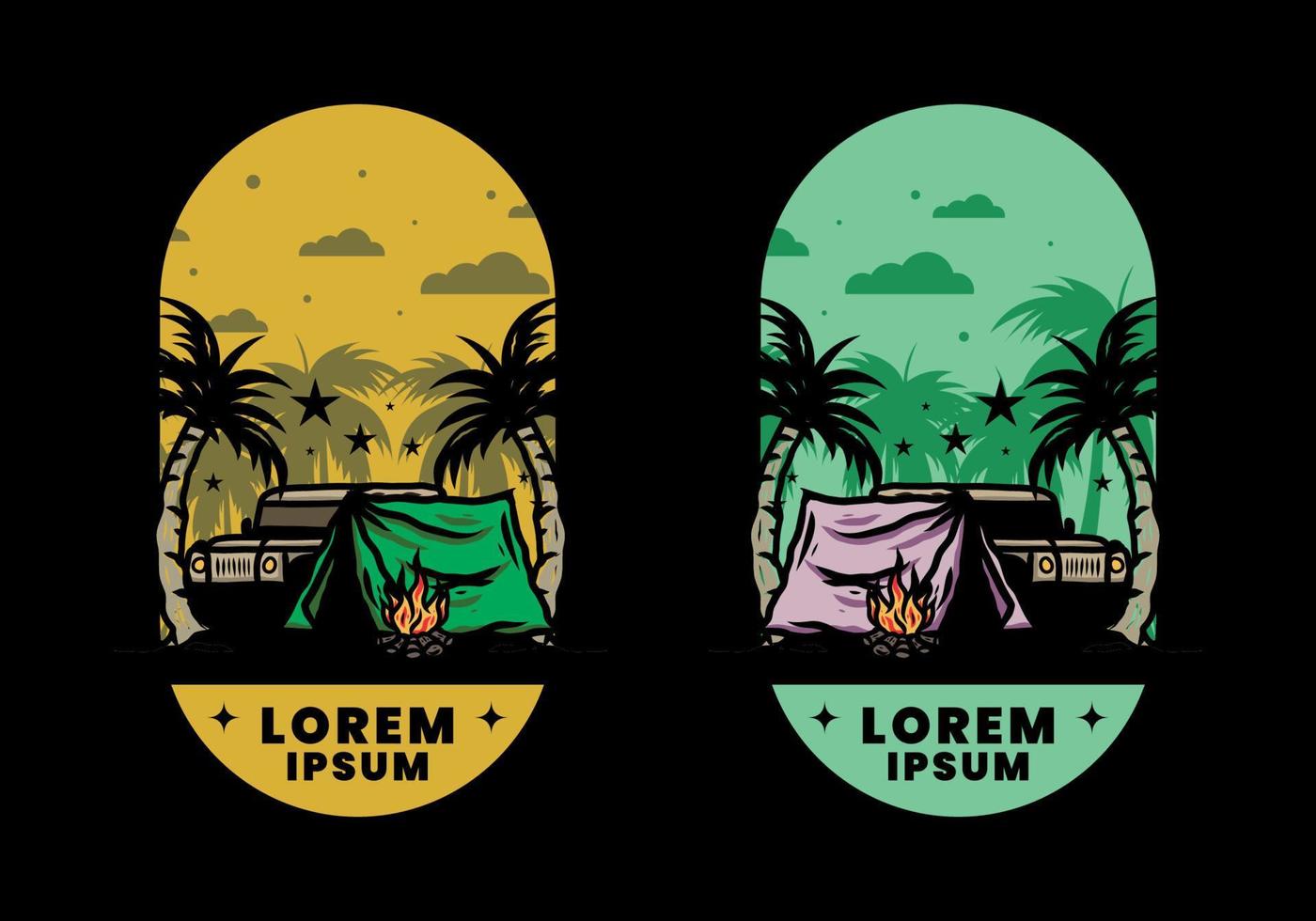 Camping tent in front of car between coconut tree illustration vector
