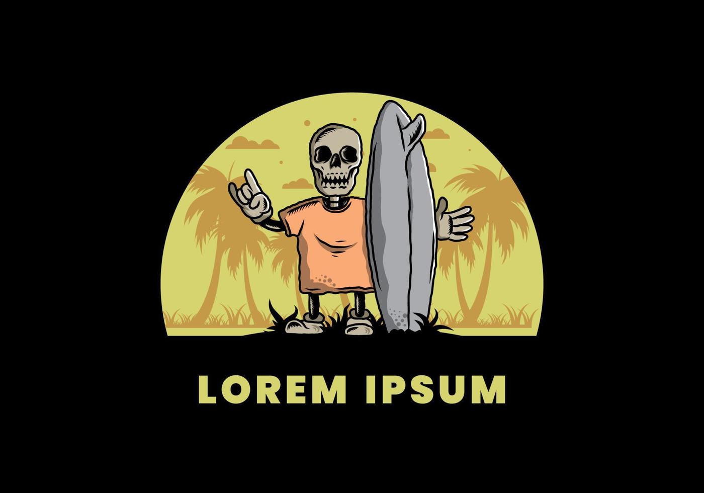 Little skull holding a surfing board illustration design vector