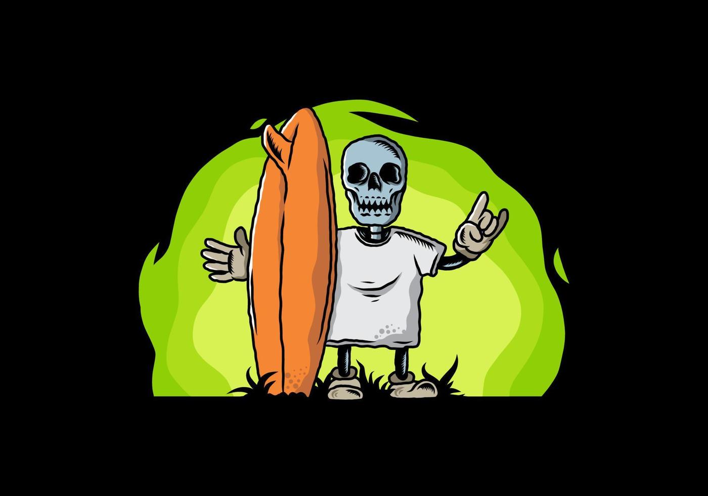 Little skull holding a surfing board illustration design vector