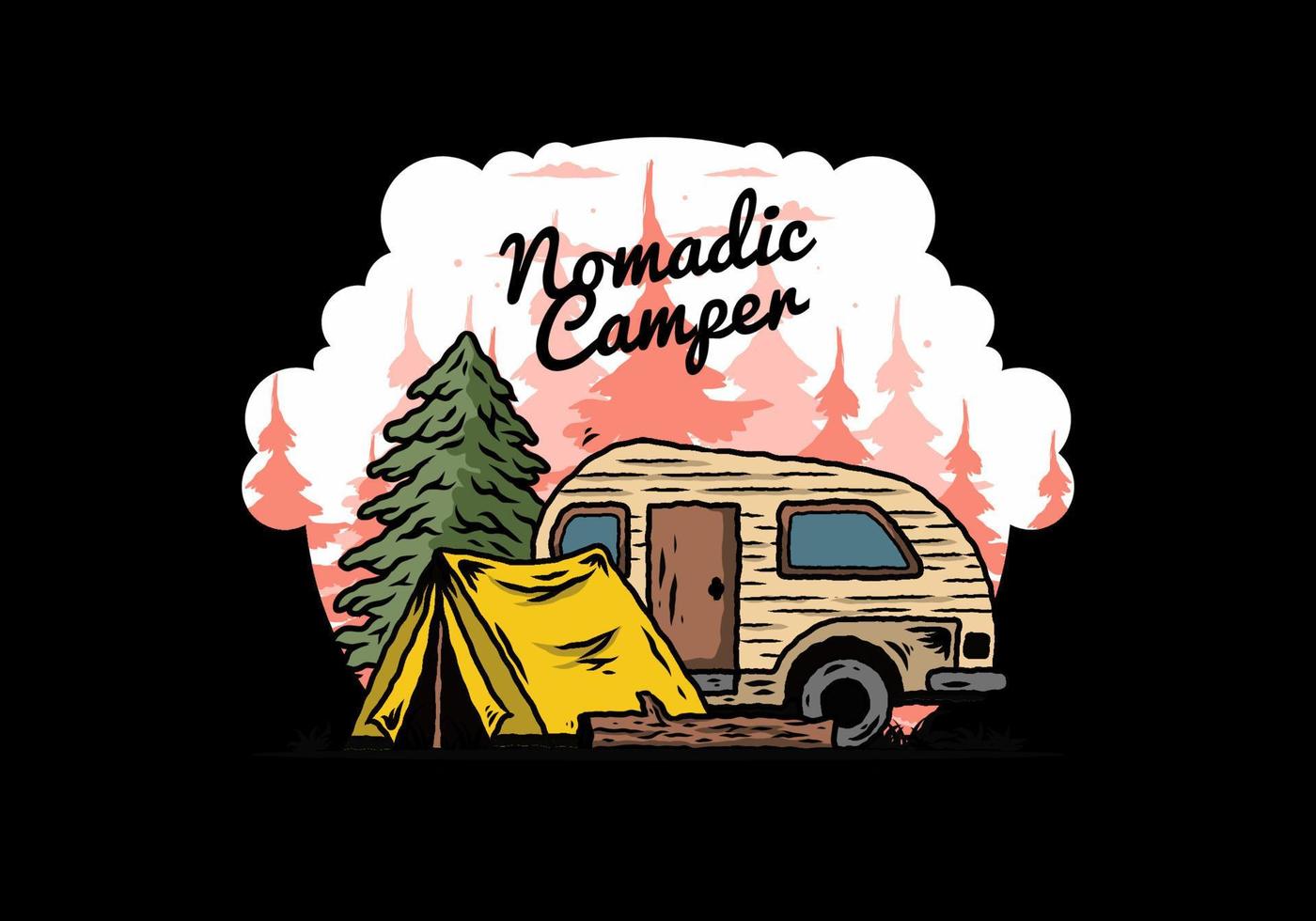 Teardrop camper and tent in front of pine tree illustration vector