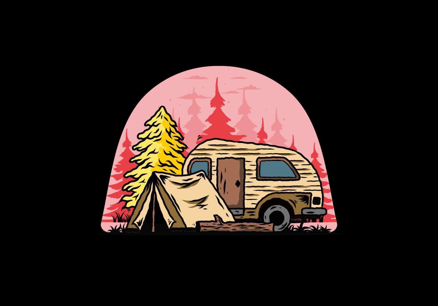 Teardrop camper and tent in front of pine tree illustration vector