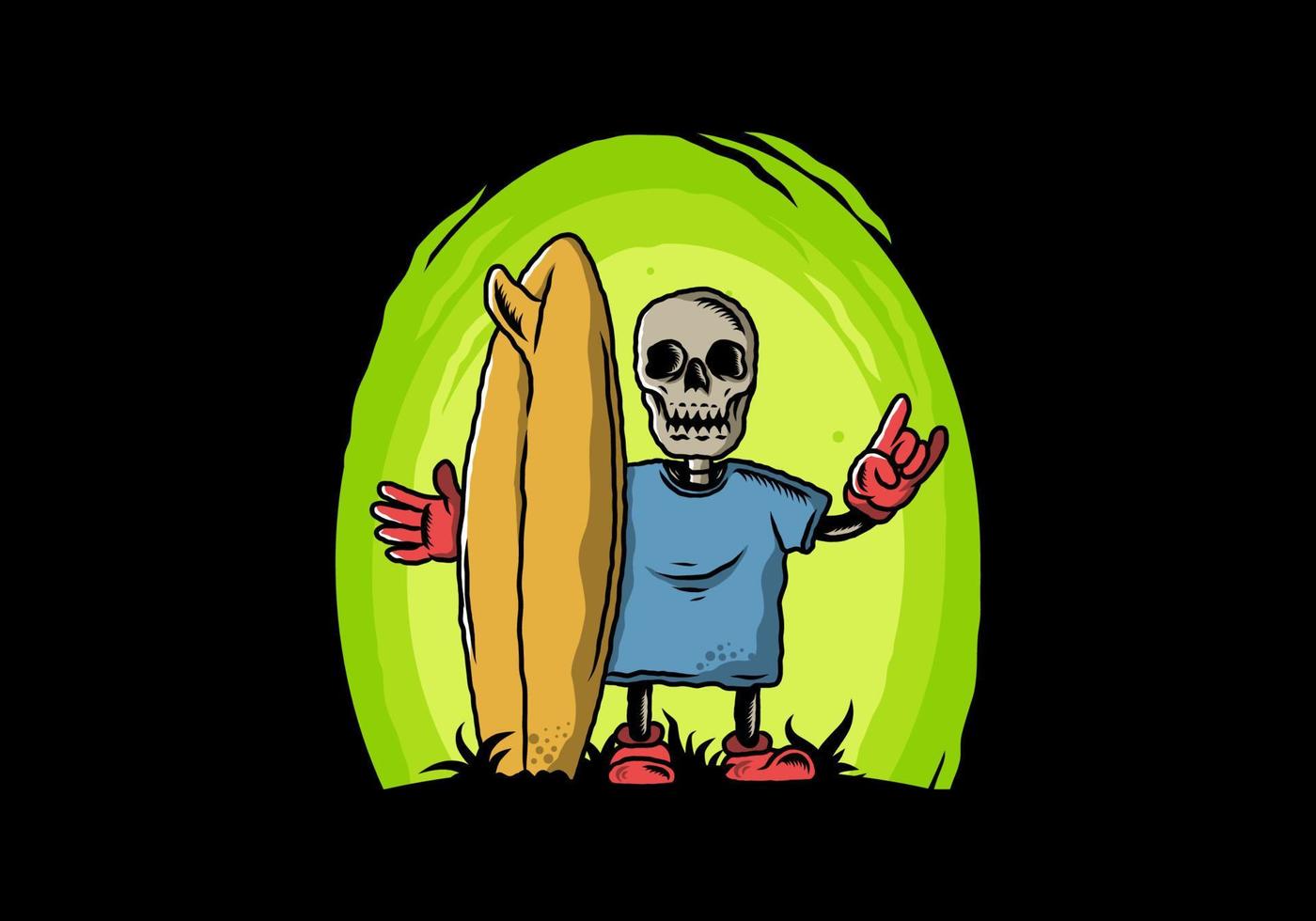 Little skull holding a surfing board illustration design vector