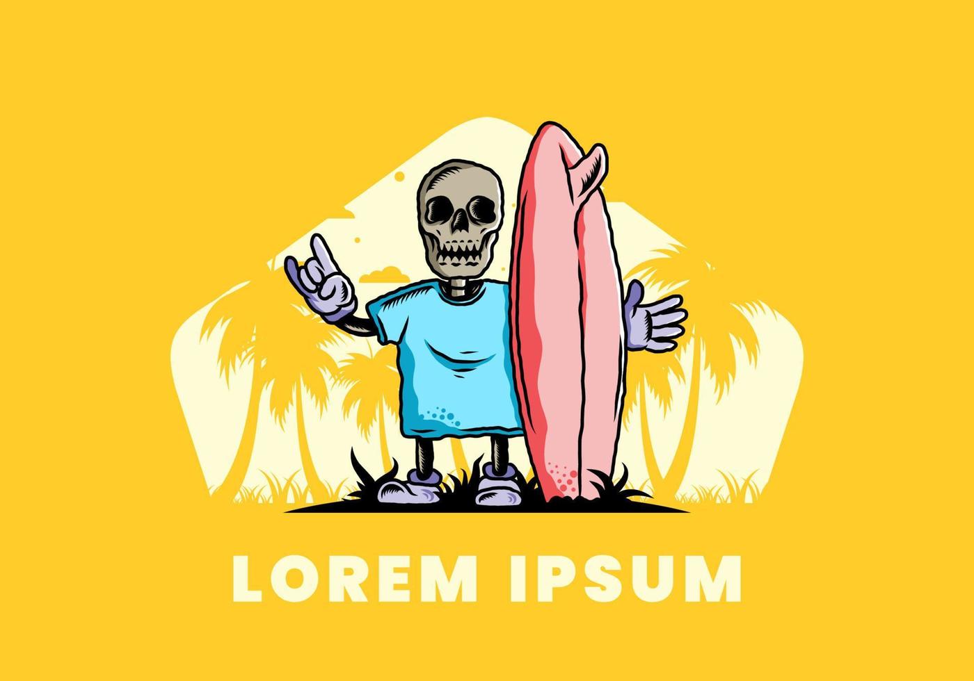 Little skull holding a surfing board illustration design vector