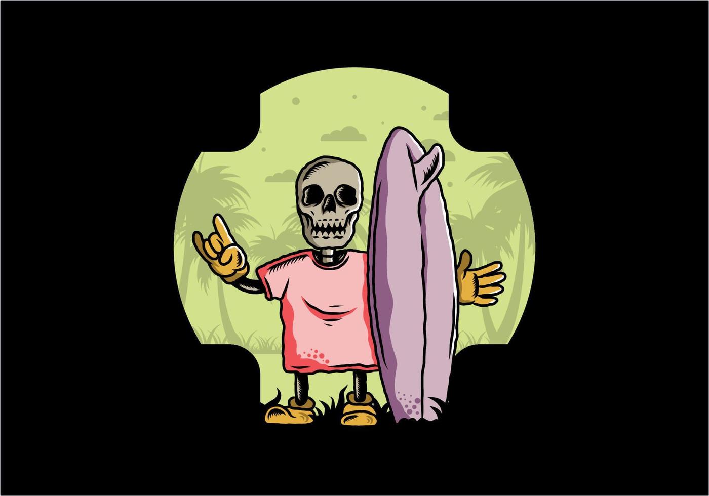 Little skull holding a surfing board illustration design vector