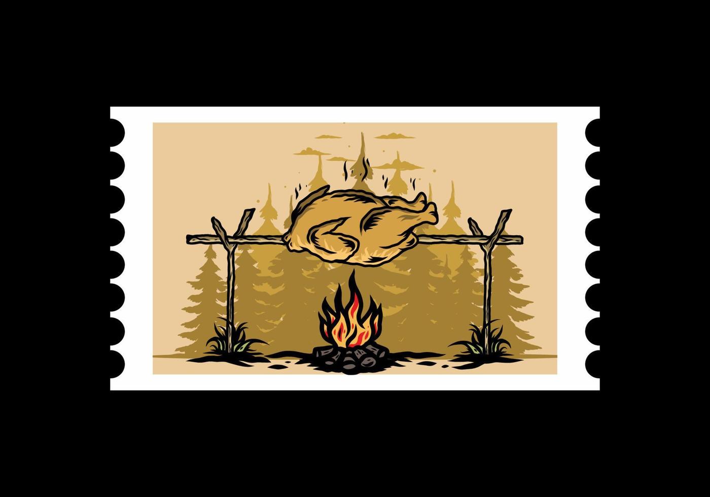 Grilling chicken over bonfire illustration design vector