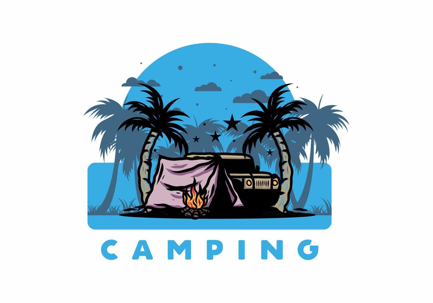 Camping tent in front of car between coconut tree illustration vector