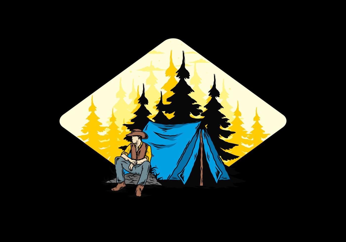 Man wearing a cowboy hat sitting in front of the tent illustration vector