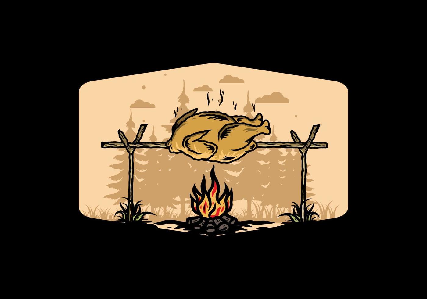 Grilling chicken over bonfire illustration design vector