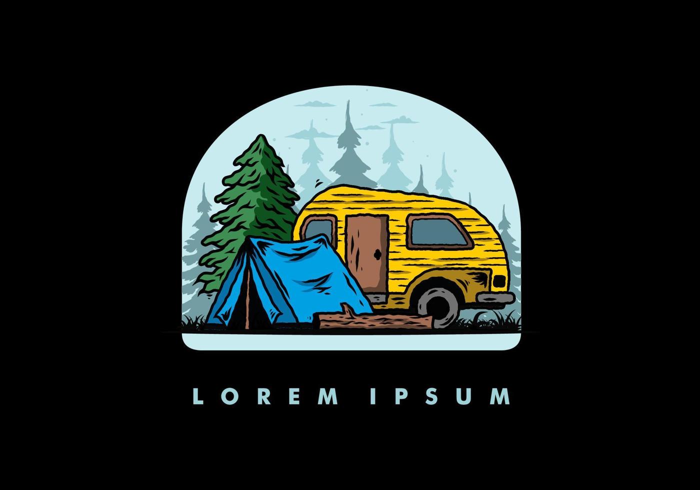 Teardrop camper and tent in front of pine tree illustration vector