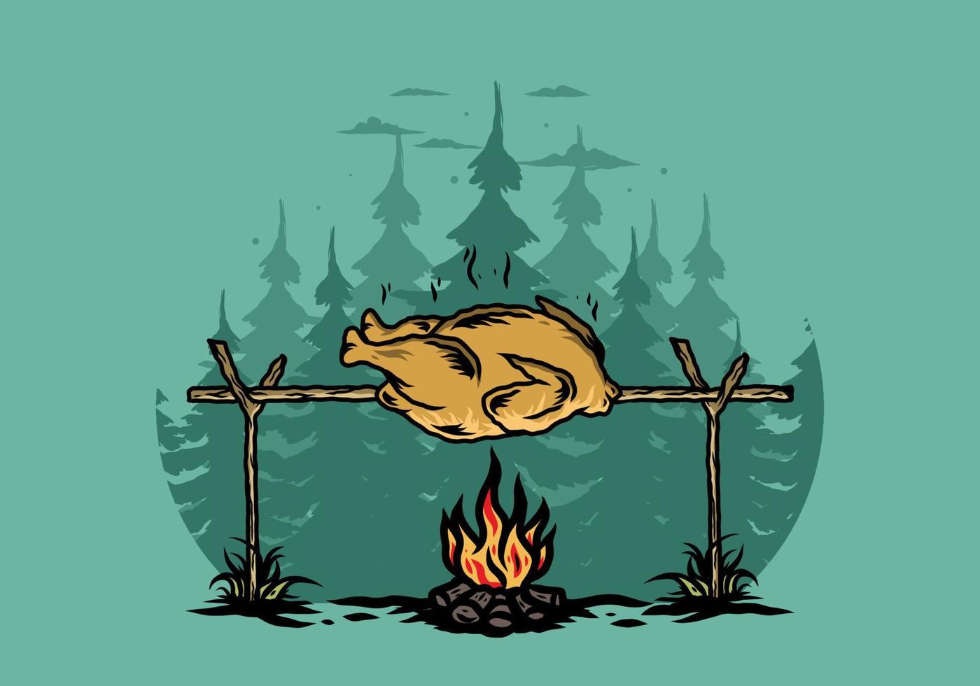 Grilling chicken over bonfire illustration design vector