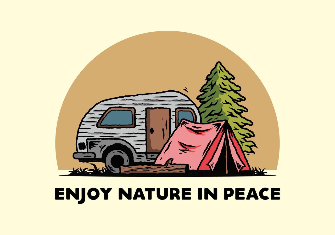 Teardrop camper and tent in front of pine tree illustration vector