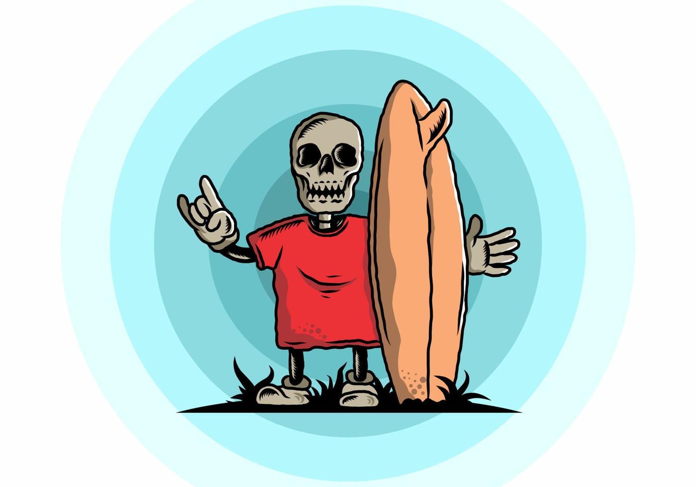 pequeña calavera sosteniendo un diseño de ilustración de tabla de surf vector