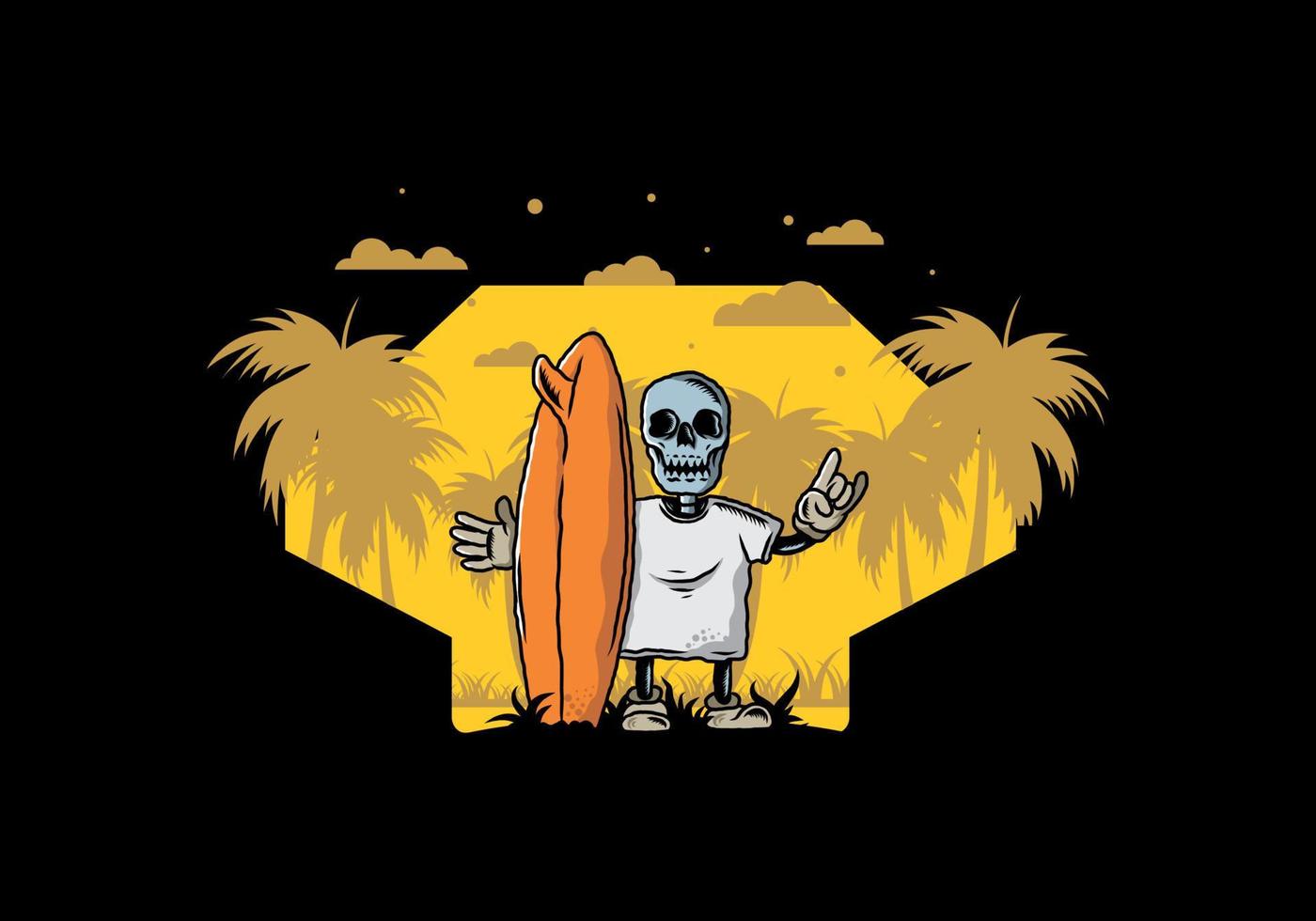 Little skull holding a surfing board illustration design vector